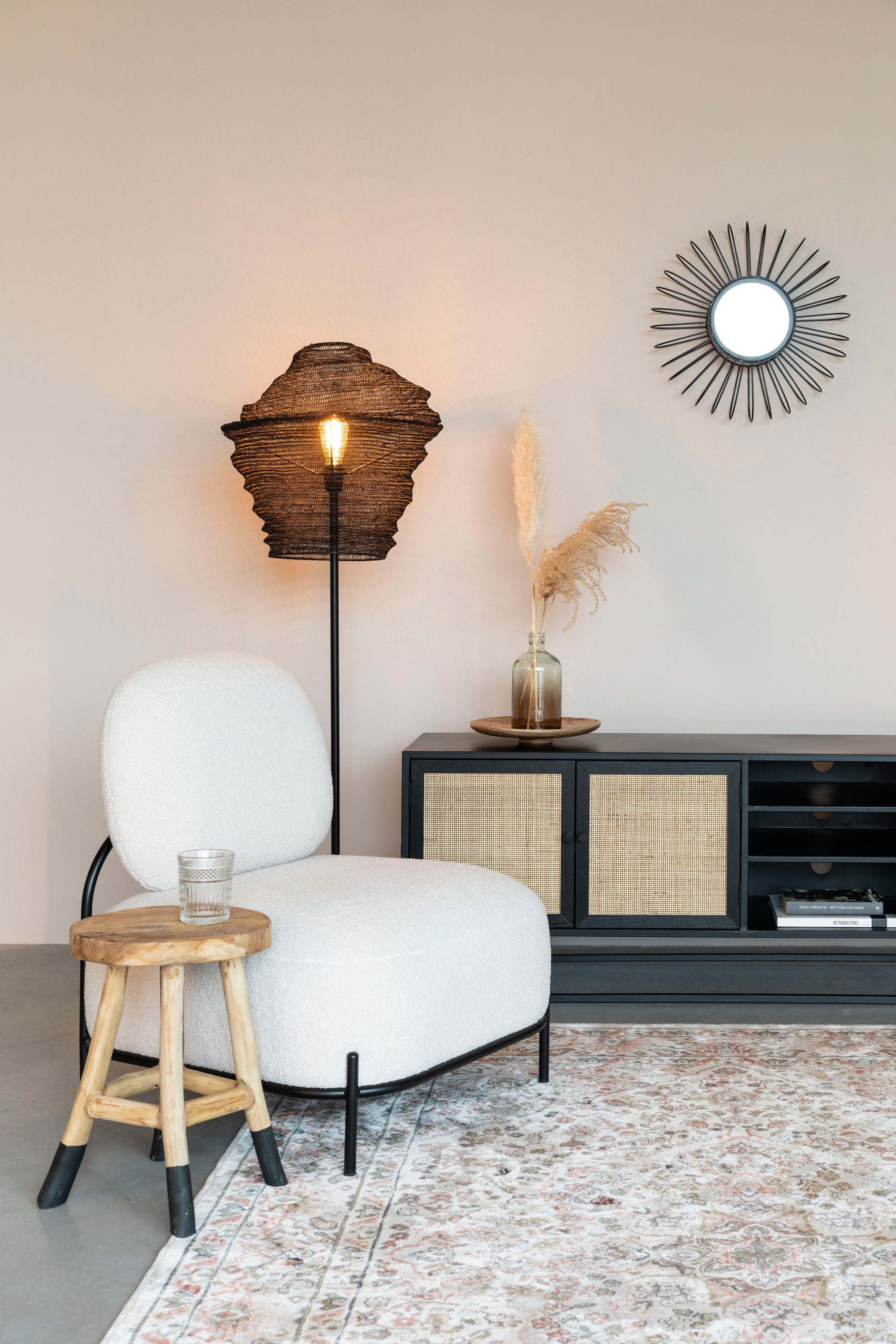 Guuji Black Wood & Natural Rattan TV Unit